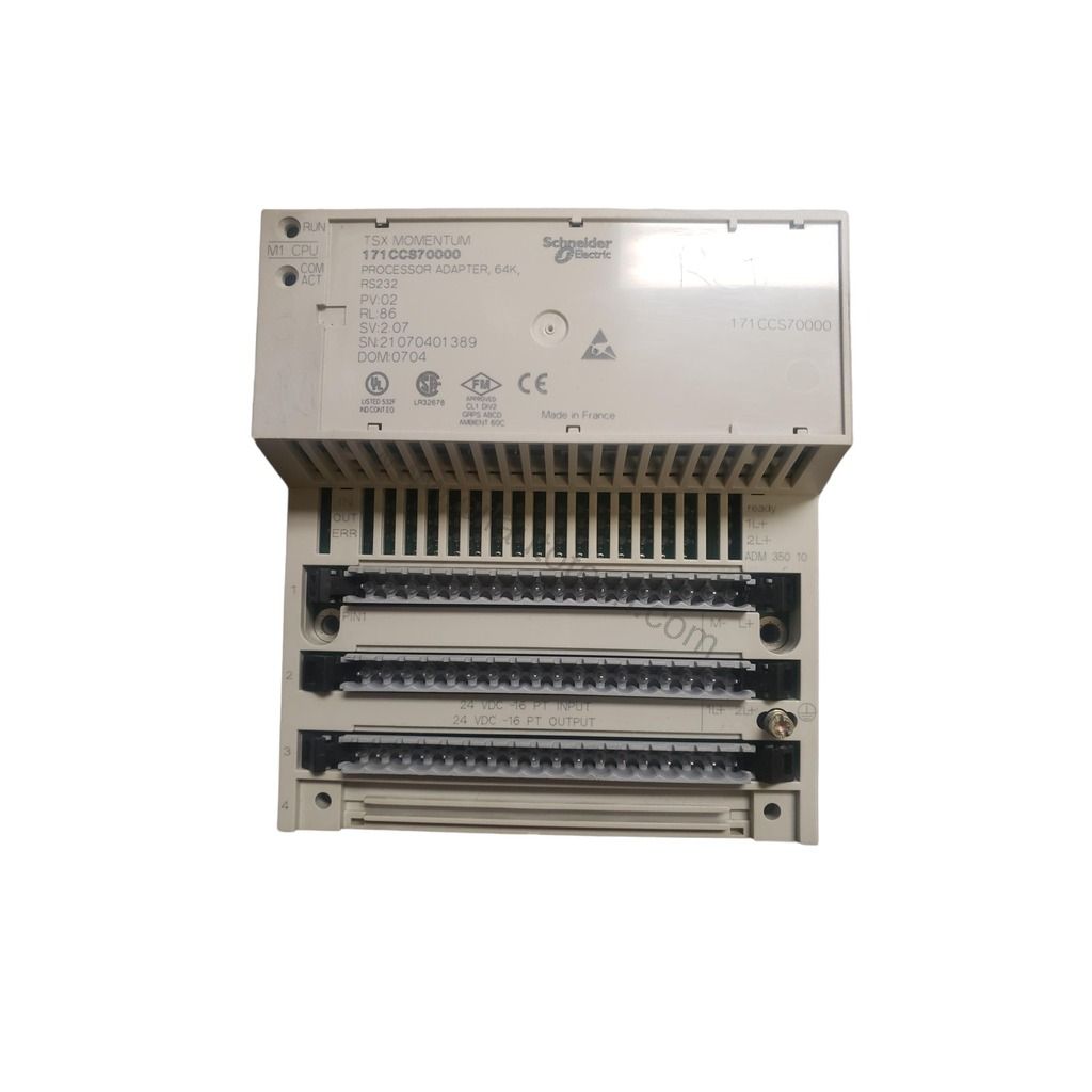 Figure 1: Front view of the Schneider 170DDI16001 industrial automation component showing its physical design and enclosure.