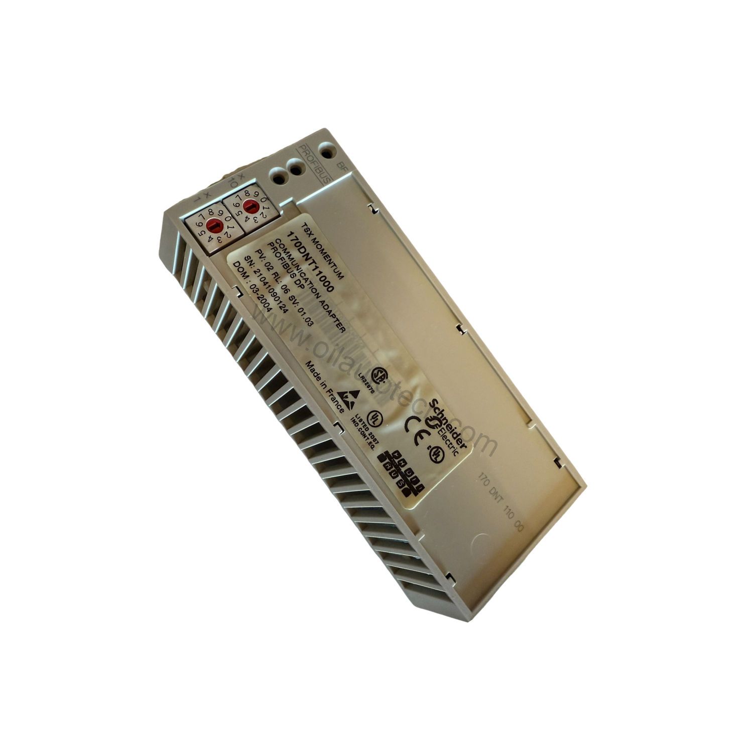 Figure 2: Technical layout and connection details for the Schneider 170DNT11000 industrial automation component.
