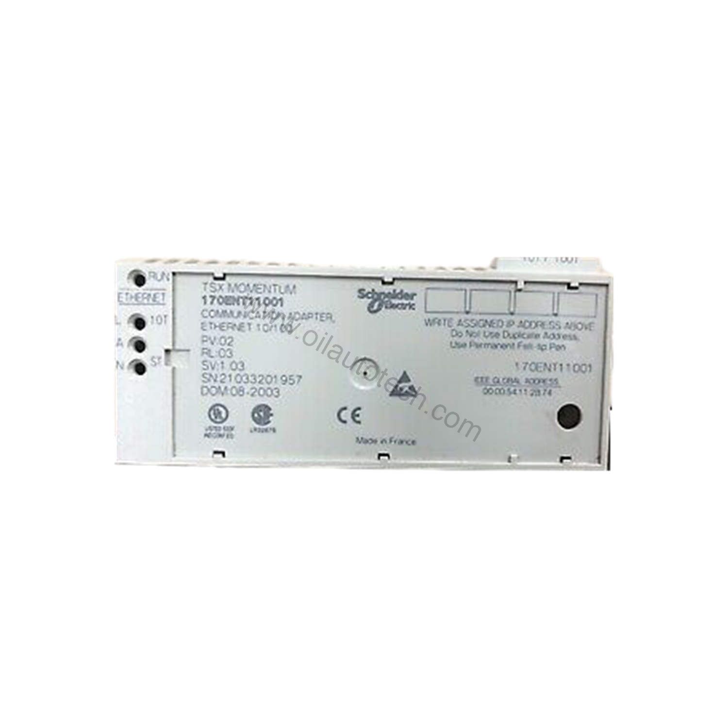 Figure 1: Front view of the Schneider 170ENT11001 industrial automation component showing its physical design and enclosure.