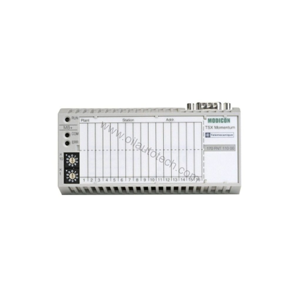 Figure 1: Front view of the Schneider Electric 170FNT11000 industrial automation component showing its physical design and enclosure.