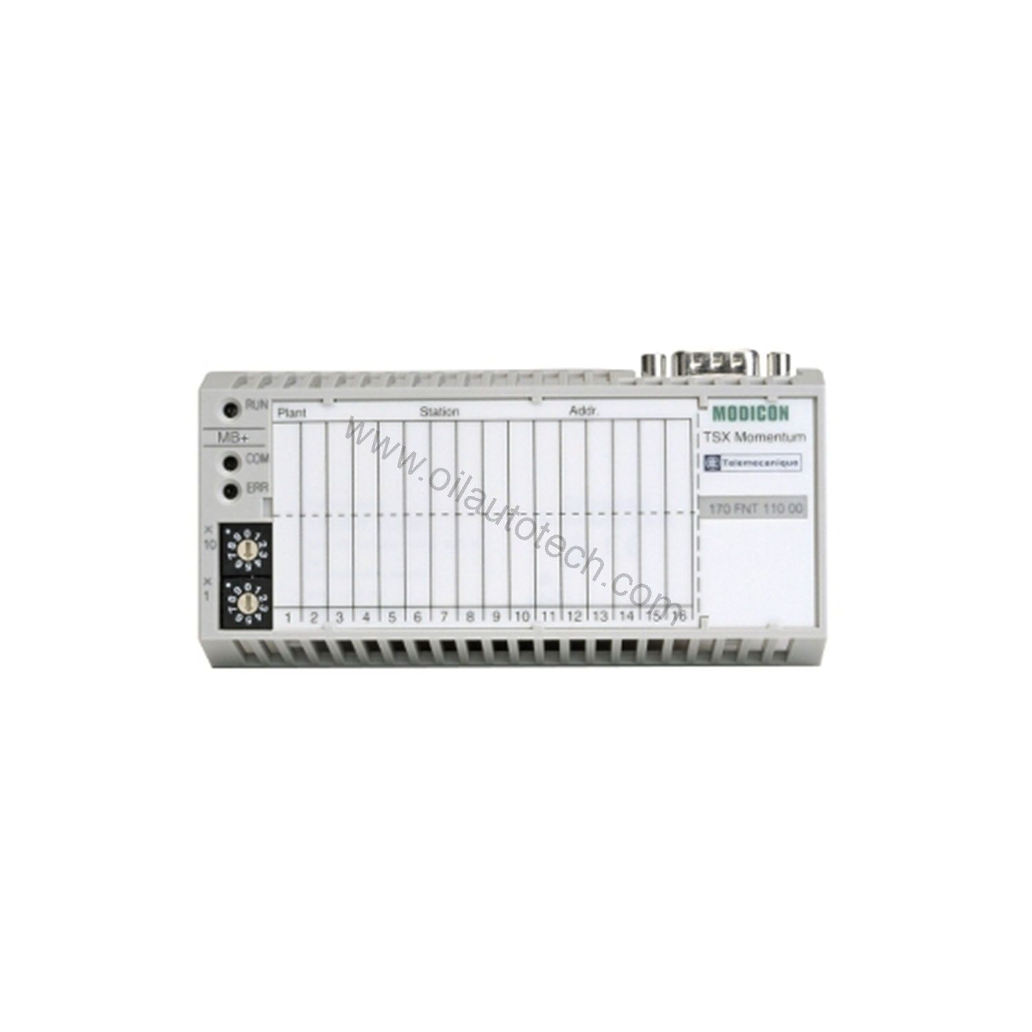 Figure 1: Front view of the Schneider 170FNT11001 industrial automation component showing its physical design and enclosure.