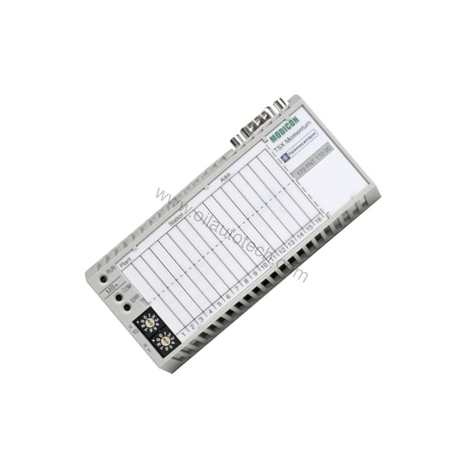 Figure 2: Technical layout and connection details for the Schneider 170FNT11001 industrial automation component.