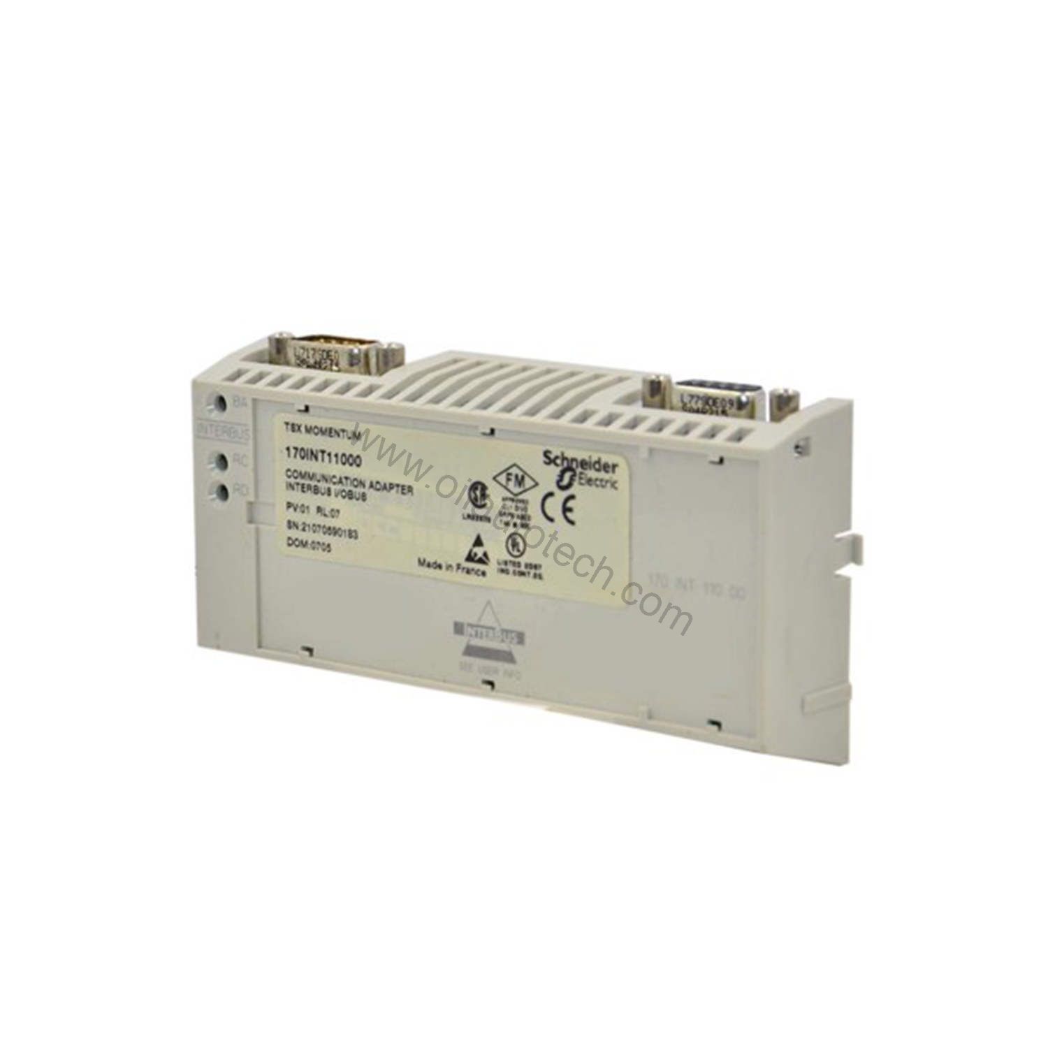 Figure 1: Front view of the Schneider 170INT11000 industrial automation component showing its physical design and enclosure.