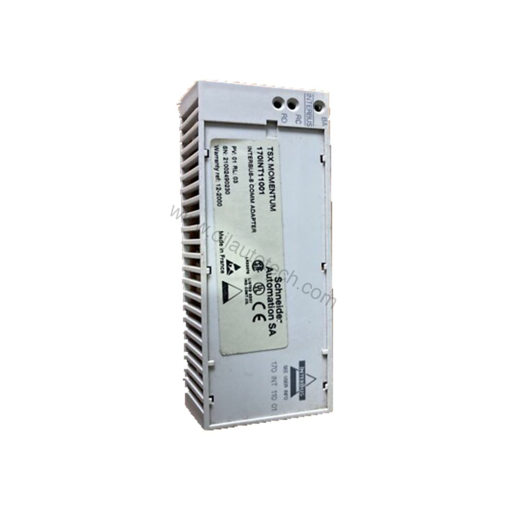 Figure 1: Front view of the Schneider Electric 170INT11001 industrial automation component showing its physical design and enclosure.