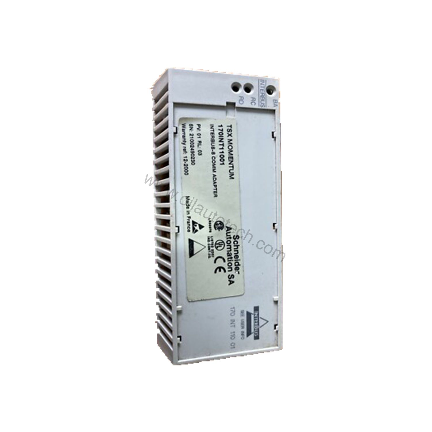 Figure 1: Front view of the Schneider Electric 170INT11001 industrial automation component showing its physical design and enclosure.