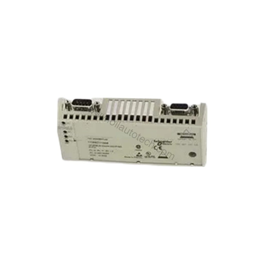 Figure 2: Technical layout and connection details for the Schneider Electric 170INT11003C industrial automation component.