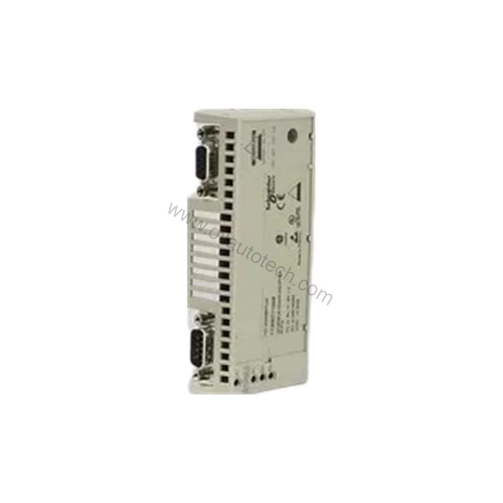 Figure 1: Front view of the Schneider Electric 170INT11003C industrial automation component showing its physical design and enclosure.