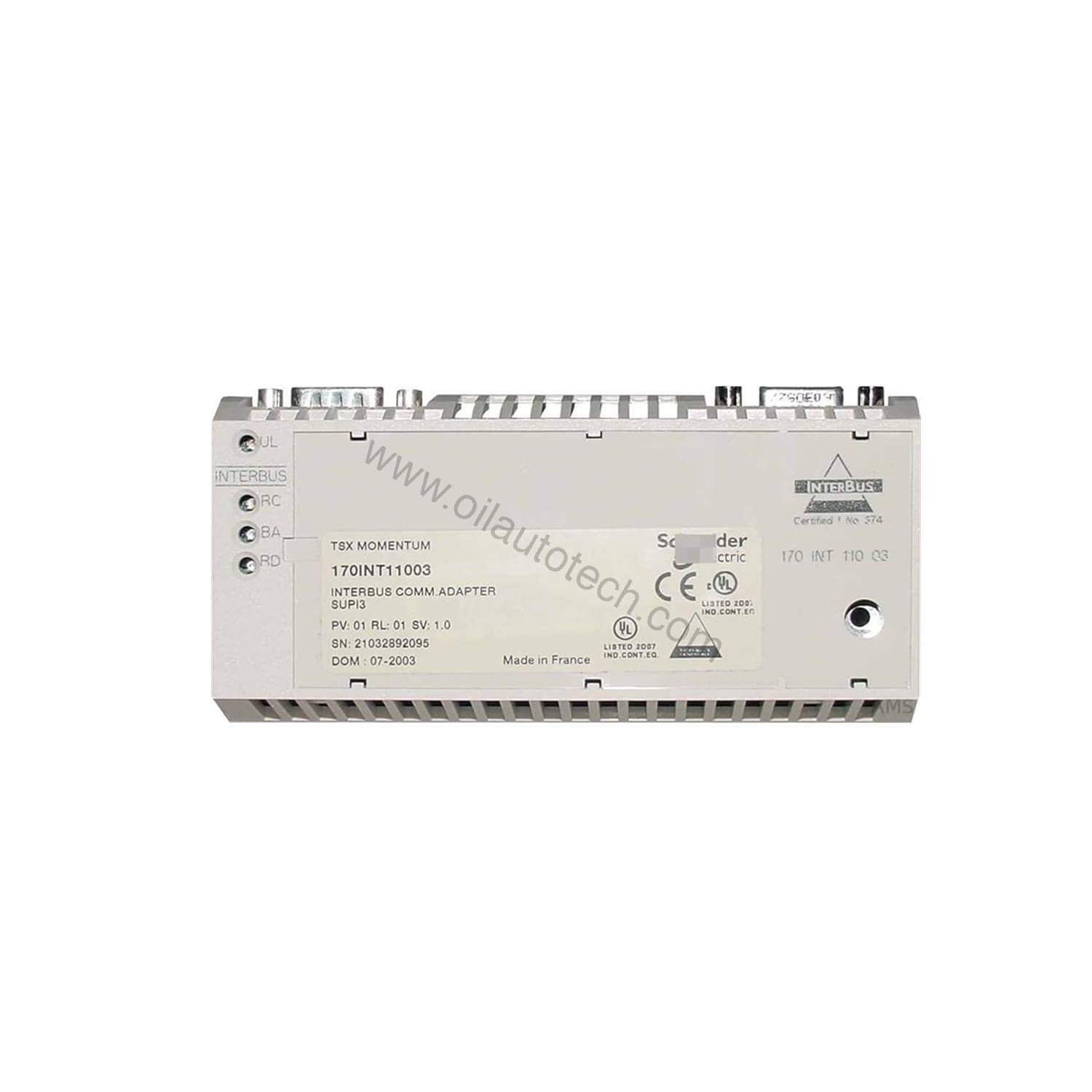 Figure 1: Front view of the Schneider 170INT11003 industrial automation component showing its physical design and enclosure.