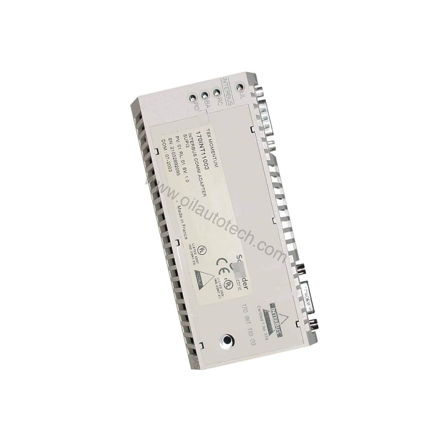 Figure 2: Technical layout and connection details for the Schneider 170INT11003 industrial automation component.