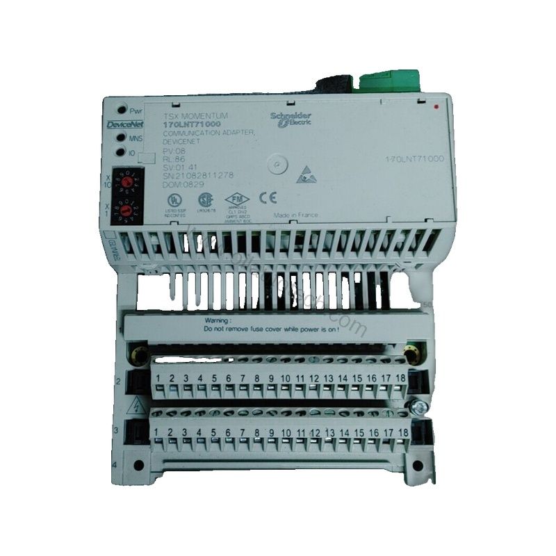 Figure 1: Front view of the Schneider Electric 170LNT71000 industrial automation component showing its physical design and enclosure.
