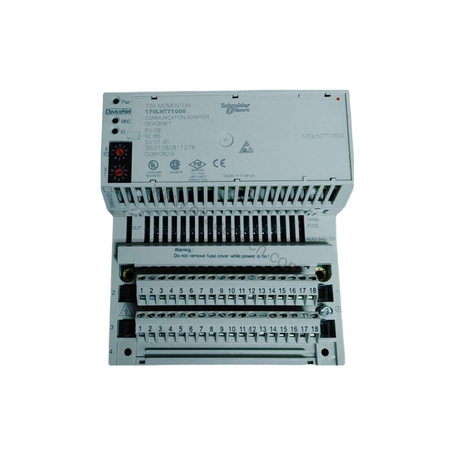 Figure 2: Technical layout and connection details for the Schneider Electric 170LNT71000 industrial automation component.