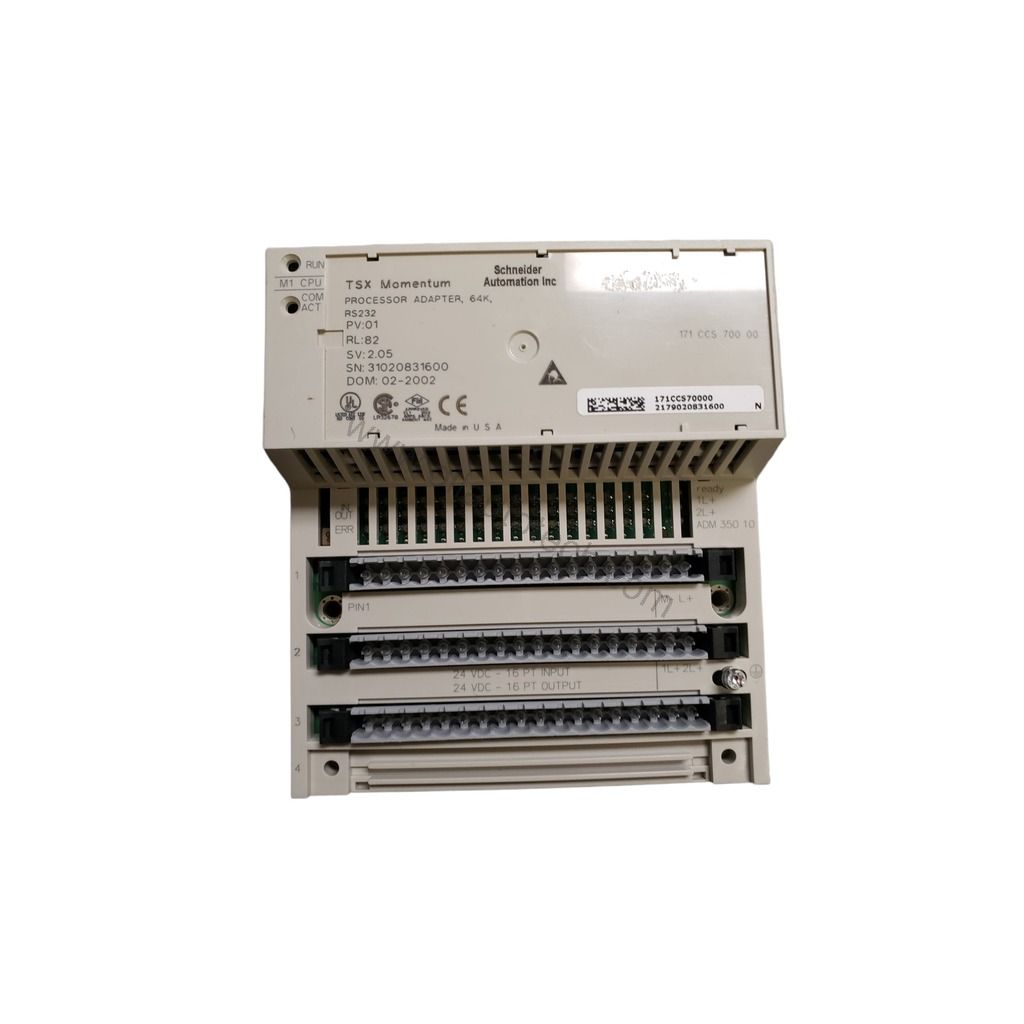 Figure 1: Front view of the Schneider 170PBI03001 industrial automation component showing its physical design and enclosure.