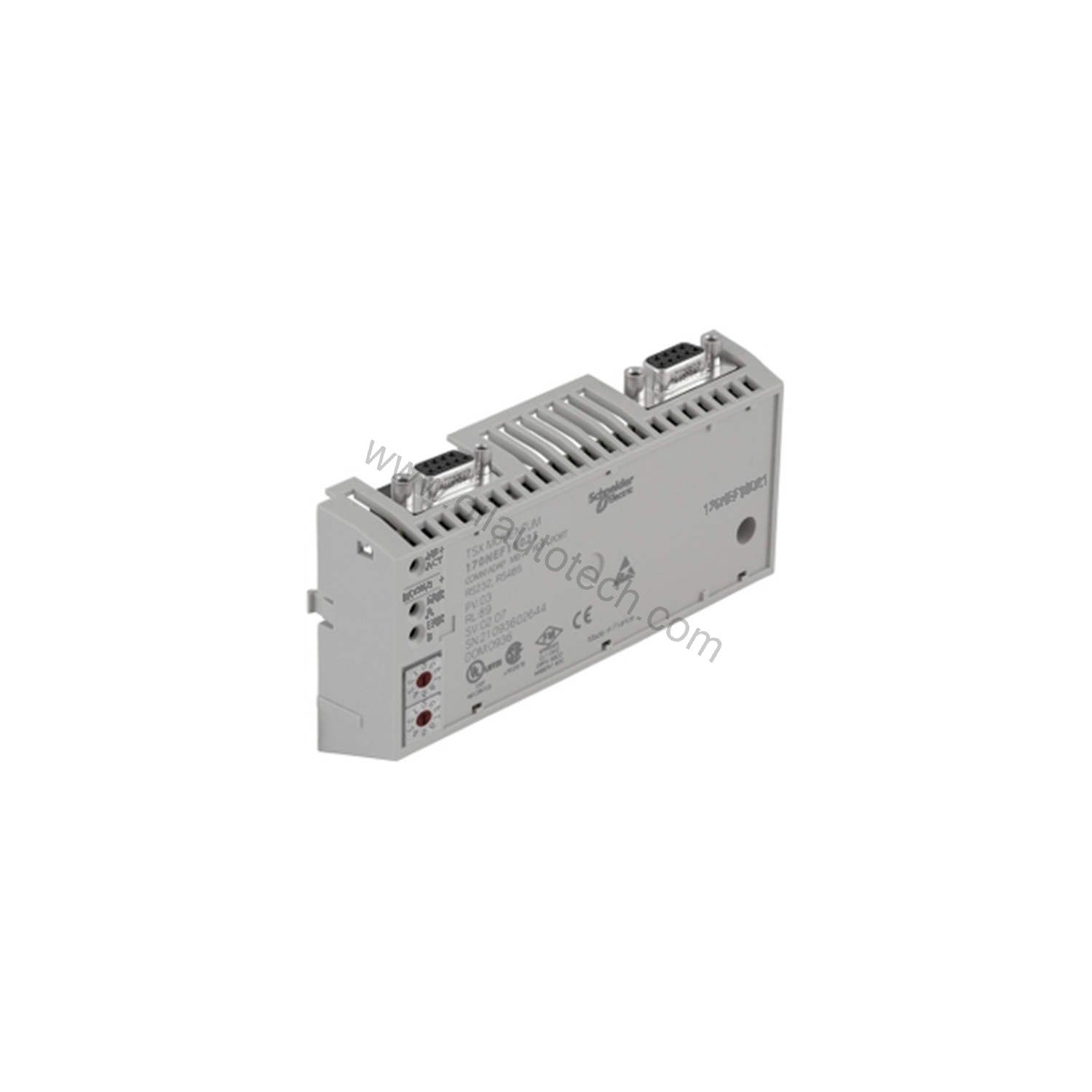 Figure 2: Technical layout and connection details for the Schneider Electric 170PNT11020C industrial automation component.