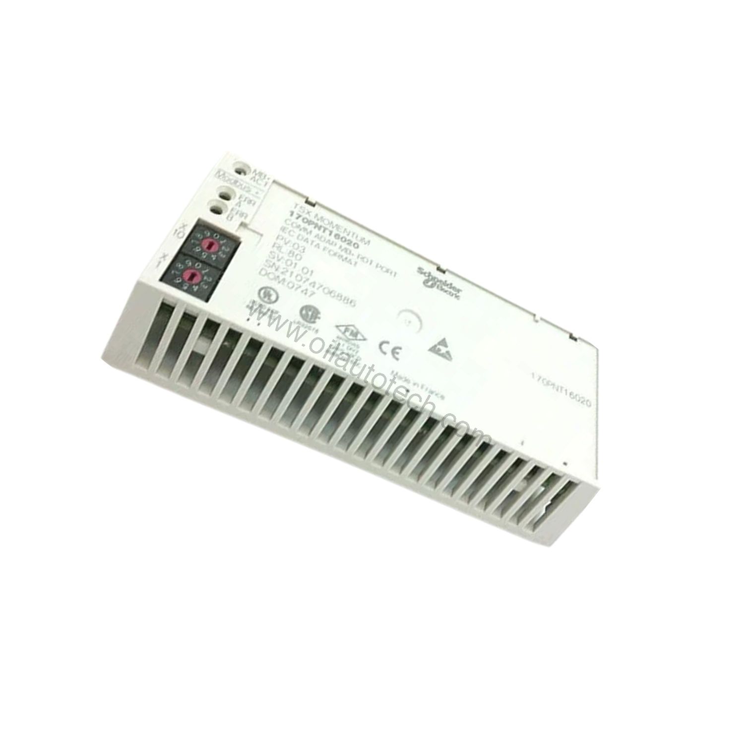 Figure 2: Technical layout and connection details for the Schneider Electric 170PNT16020 industrial automation component.