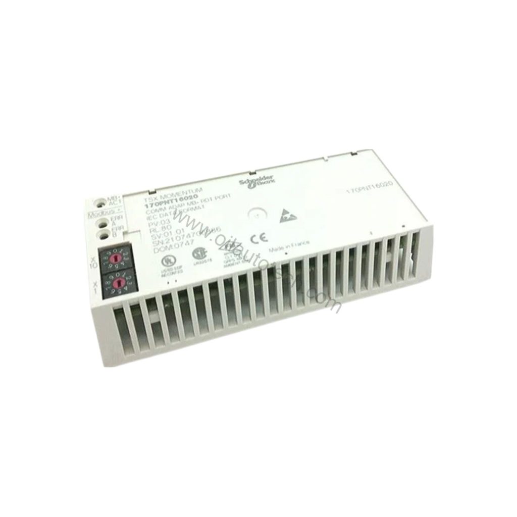 Figure 1: Front view of the Schneider Electric 170PNT16020 industrial automation component showing its physical design and enclosure.