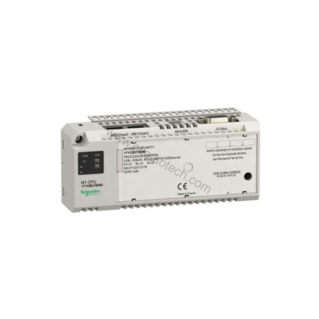 Figure 2: Technical layout and connection details for the Schneider Electric 171CBU78090 industrial automation component.
