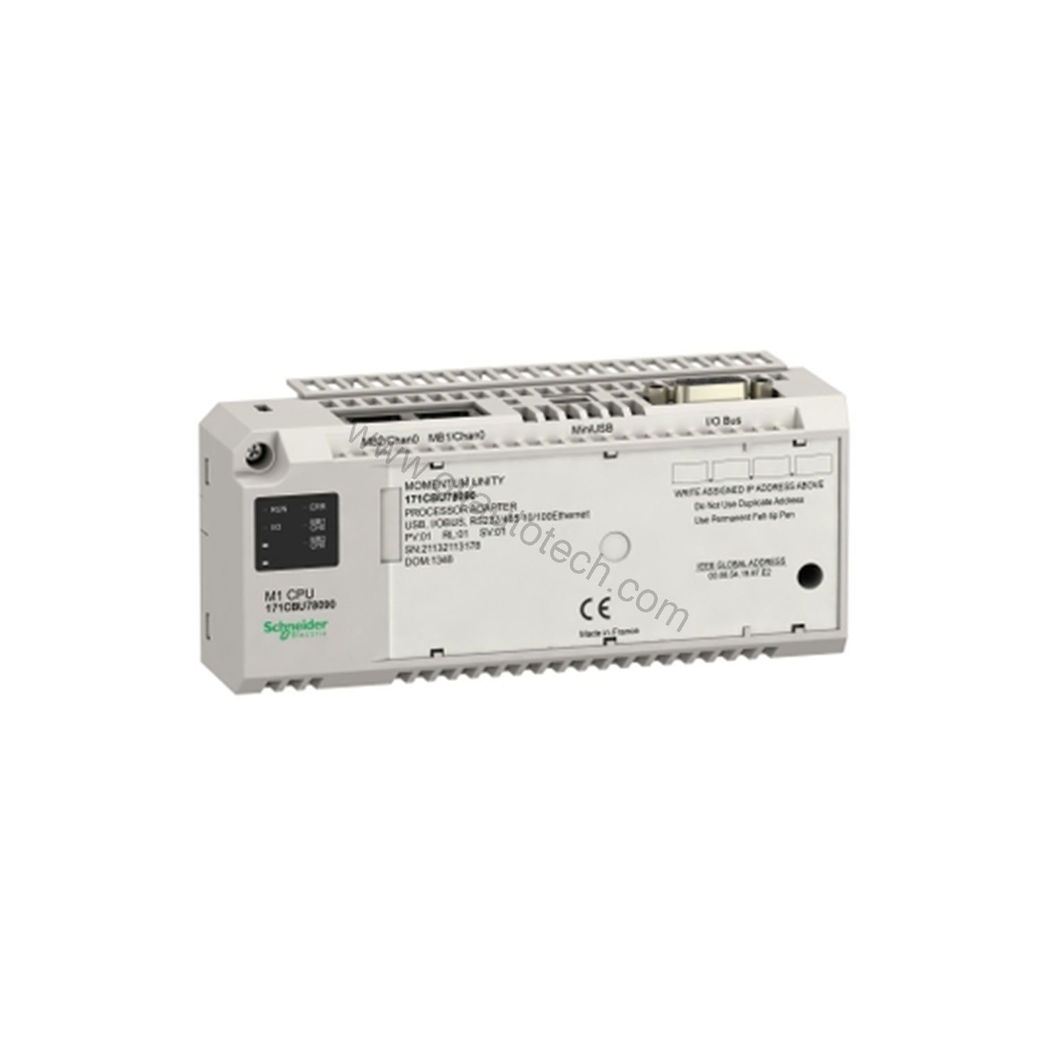 Figure 2: Technical layout and connection details for the Schneider Electric 171CBU78090 industrial automation component.