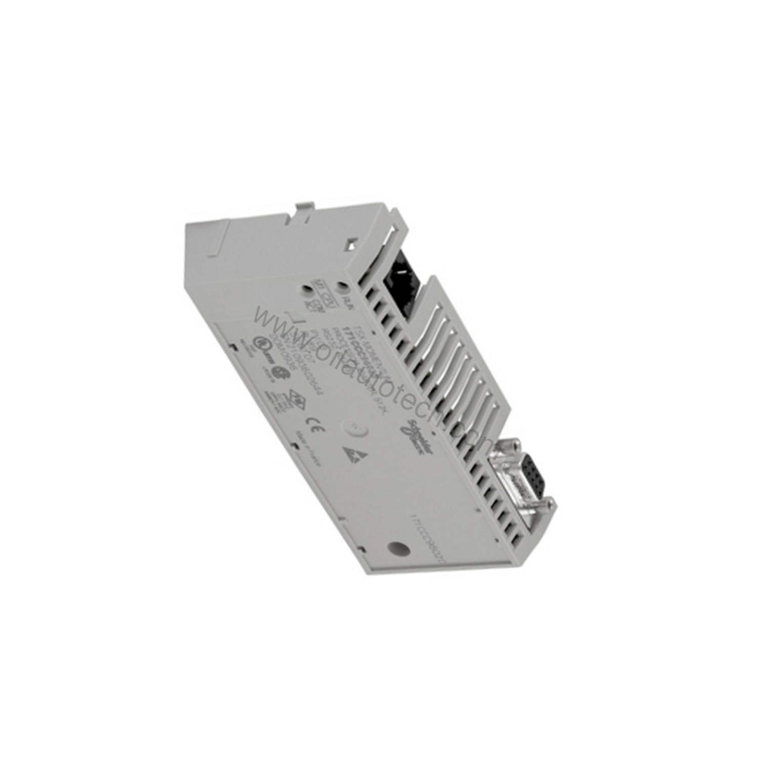 Figure 2: Technical layout and connection details for the Schneider 171CCC96020 industrial automation component.