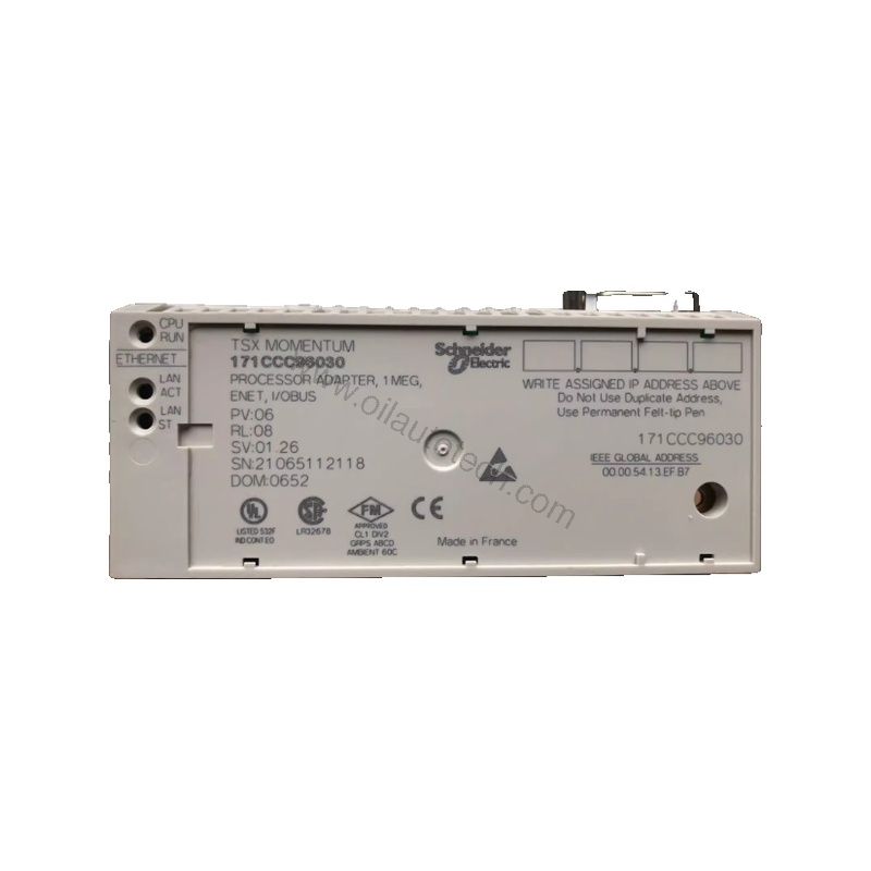 Figure 1: Front view of the Schneider 171CCC96030 industrial automation component showing its physical design and enclosure.
