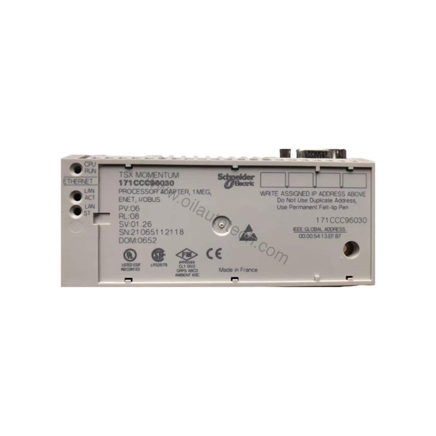 Figure 2: Technical layout and connection details for the Schneider 171CCC96030 industrial automation component.
