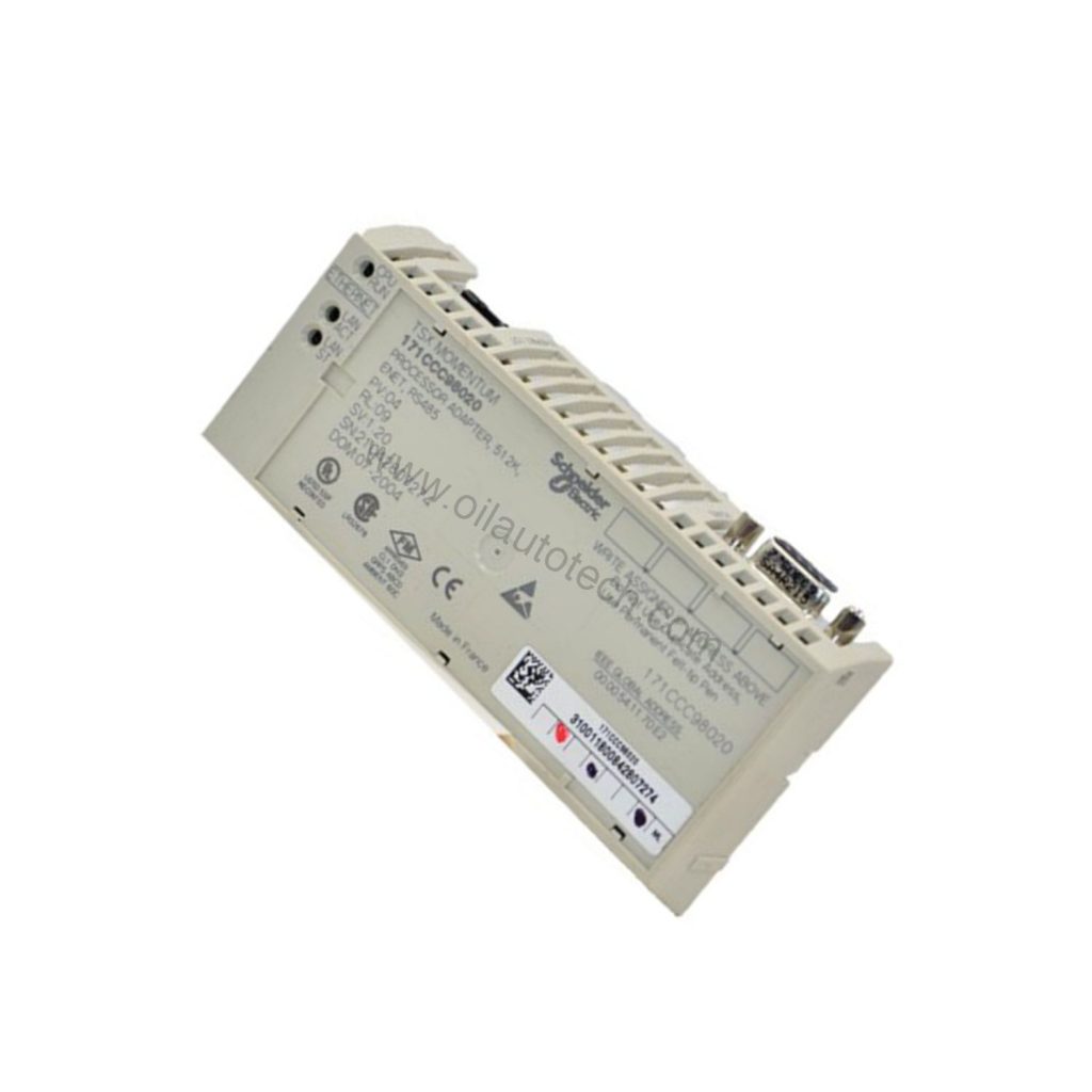 Figure 2: Technical layout and connection details for the Schneider Electric 171CCC98020 industrial automation component.