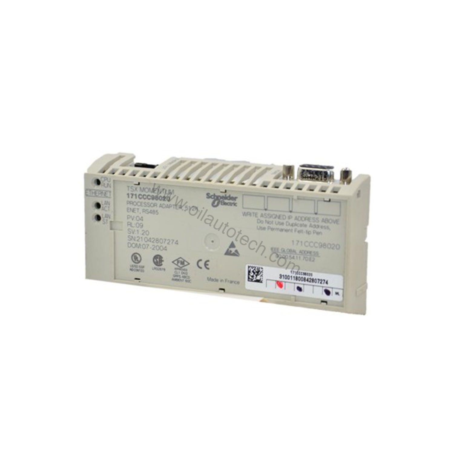 Figure 1: Front view of the Schneider Electric 171CCC98020 industrial automation component showing its physical design and enclosure.