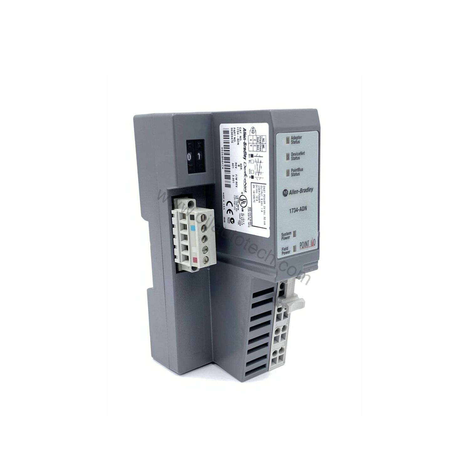 Figure 1: Front view of the Allen-Bradley 1734-ADN industrial automation component showing its physical design and enclosure.