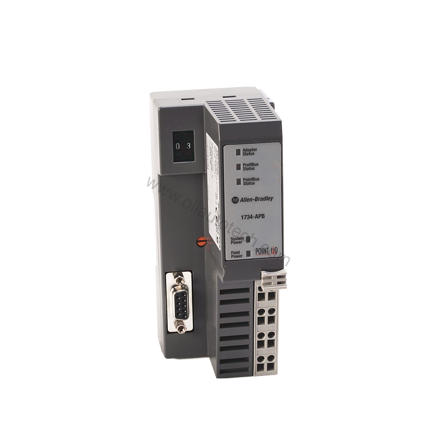 Figure 1: Front view of the Allen-Bradley 1734-APB industrial automation component showing its physical design and enclosure.
