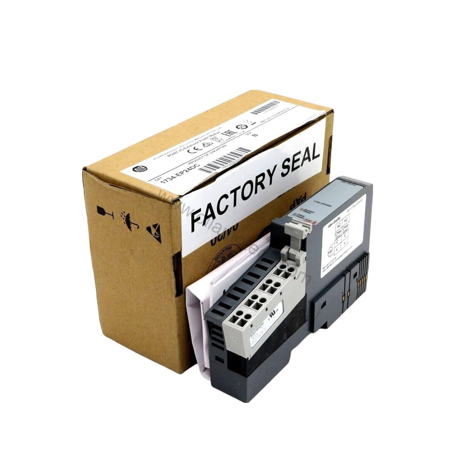 Figure 1: Front view of the Allen-Bradley 1734-EP24DC industrial automation component showing its physical design and enclosure.