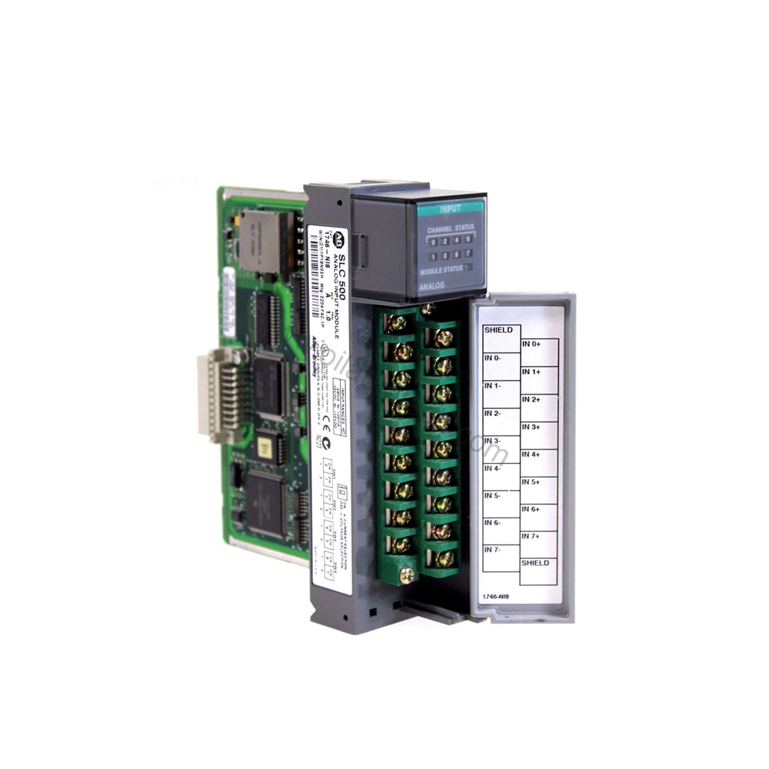Figure 1: Front view of the Allen-Bradley 1746-NI8 industrial automation component showing its physical design and enclosure.