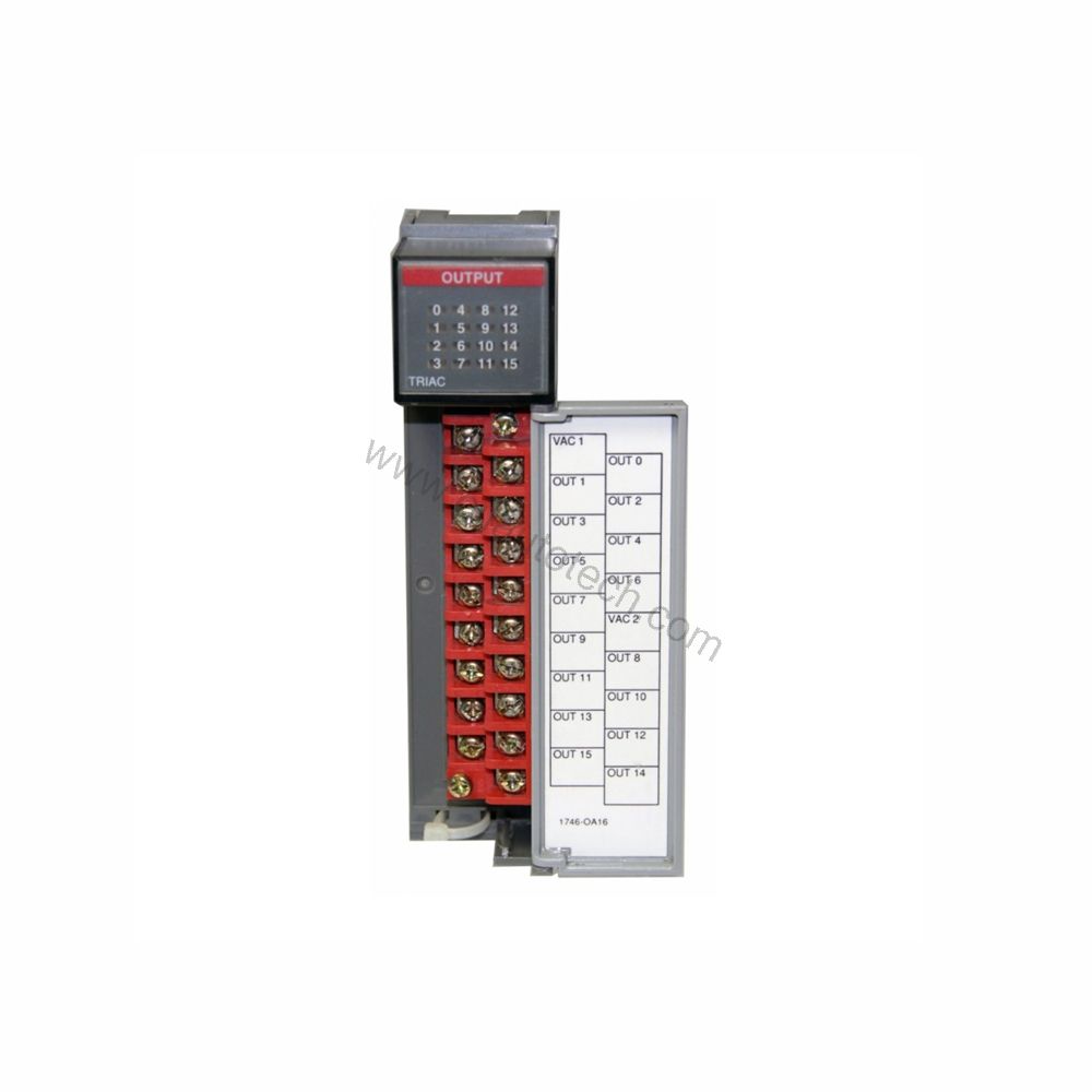 Figure 1: Front view of the Allen-Bradley 1746-OA16 industrial automation component showing its physical design and enclosure.