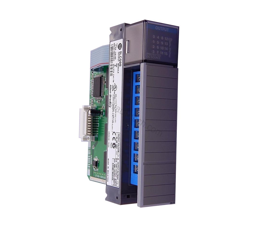 Figure 1: Front view of the Allen-Bradley 1746-OB16E industrial automation component showing its physical design and enclosure.