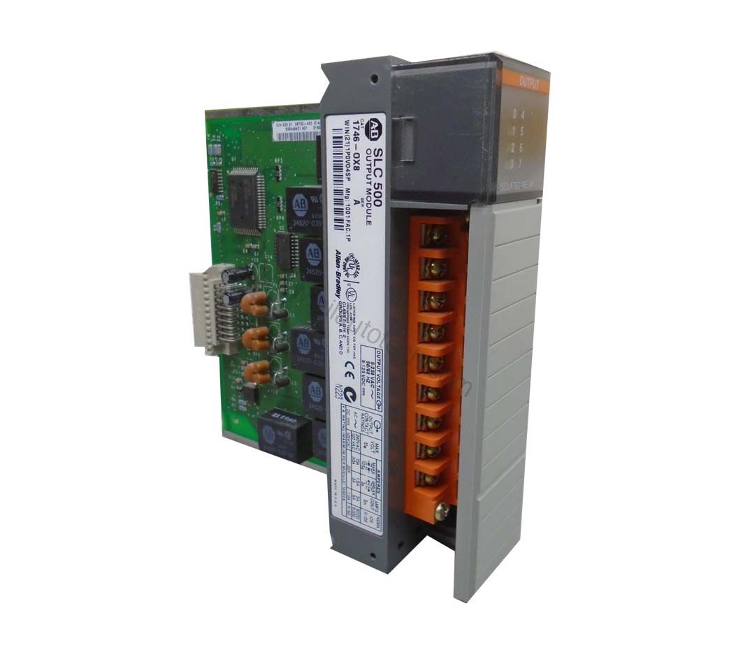 Figure 1: Front view of the Allen-Bradley 1746-OX8 industrial automation component showing its physical design and enclosure.