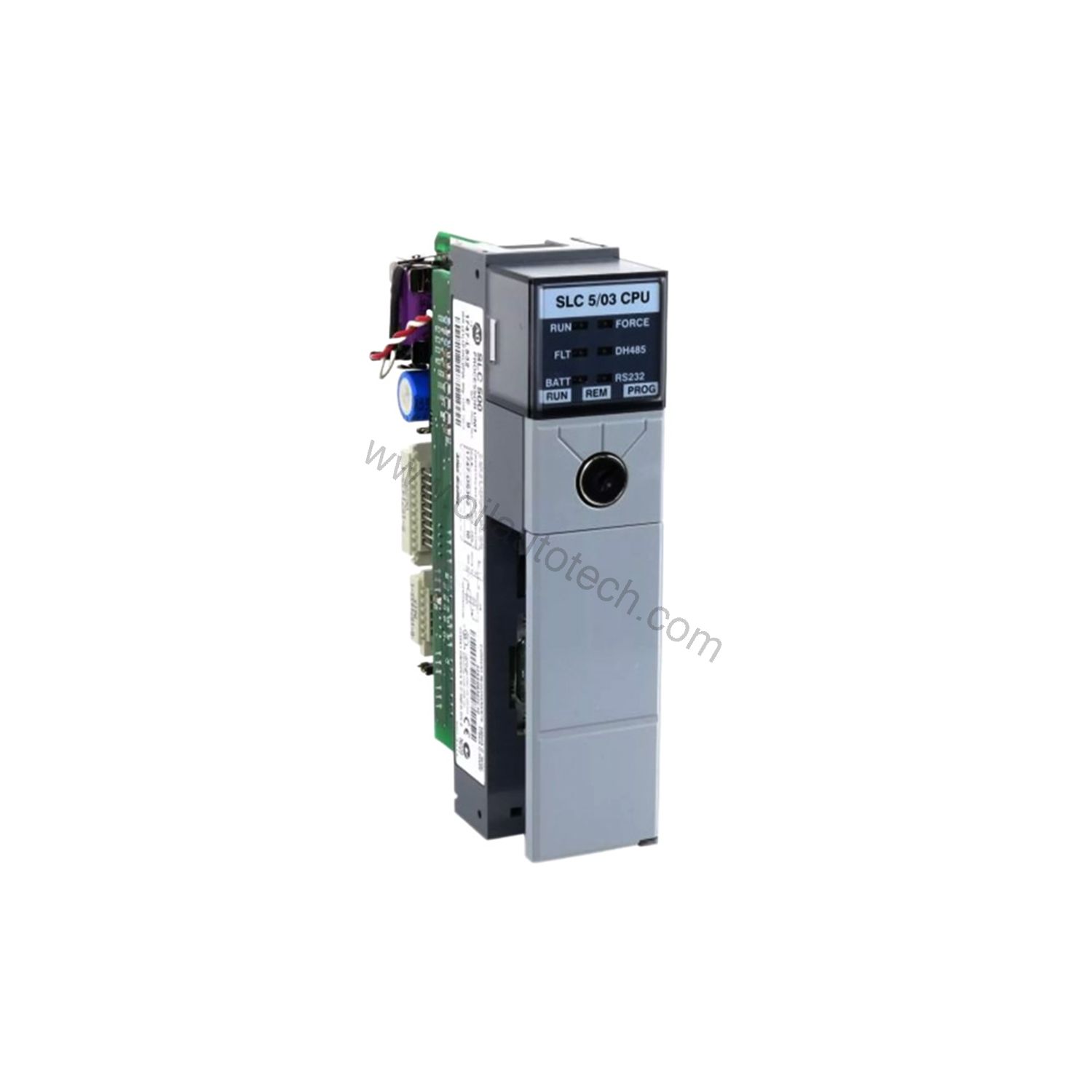 Figure 1: Front view of the Allen-Bradley 1747-L532/E industrial automation component showing its physical design and enclosure.