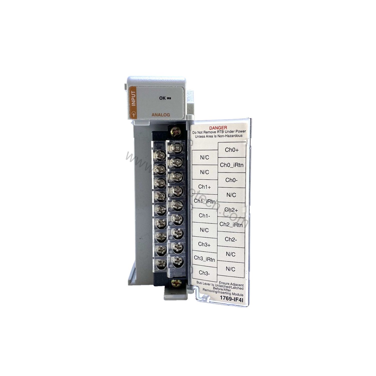 Figure 1: Front view of the Allen-Bradley 1769-IF4FXOF2F industrial automation component showing its physical design and enclosure.