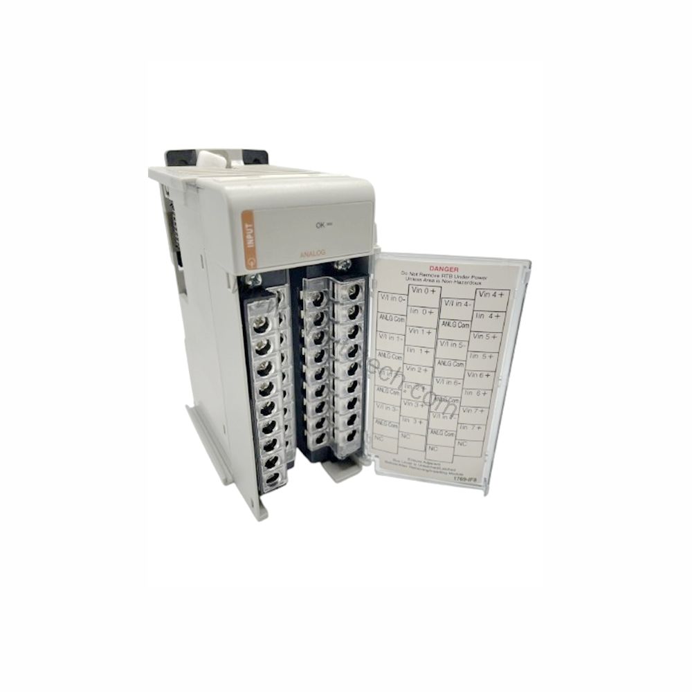 Figure 1: Front view of the Allen-Bradley 1769-IF8 industrial automation component showing its physical design and enclosure.