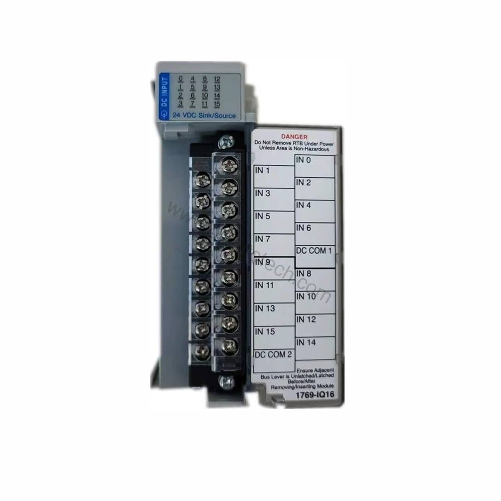 Figure 1: Front view of the Allen-Bradley 1769-IQ16 industrial automation component showing its physical design and enclosure.