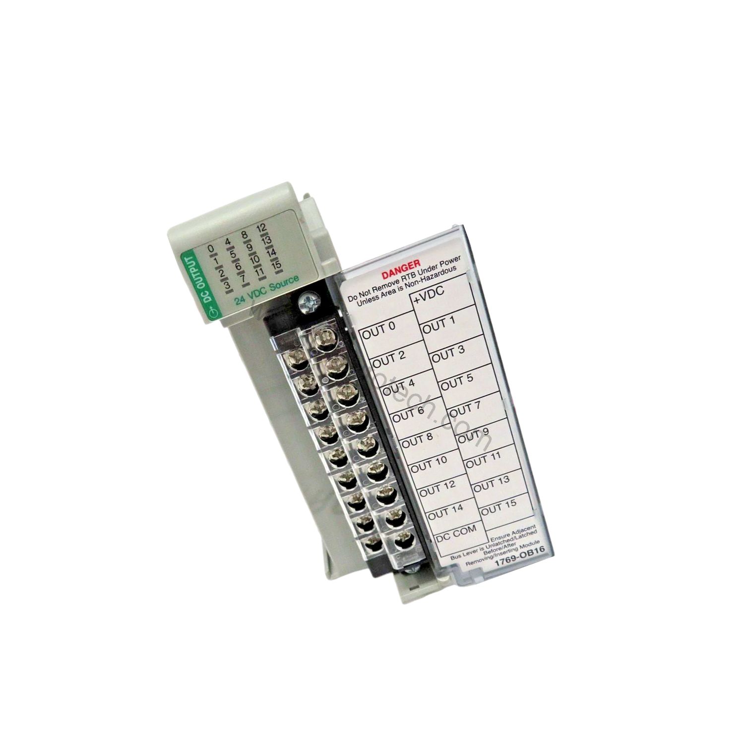 Figure 2: Technical layout and connection details for the Allen-Bradley 1769-OB16 industrial automation component.
