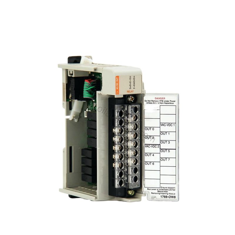 Figure 1: Front view of the Allen-Bradley 1769-OW8 industrial automation component showing its physical design and enclosure.