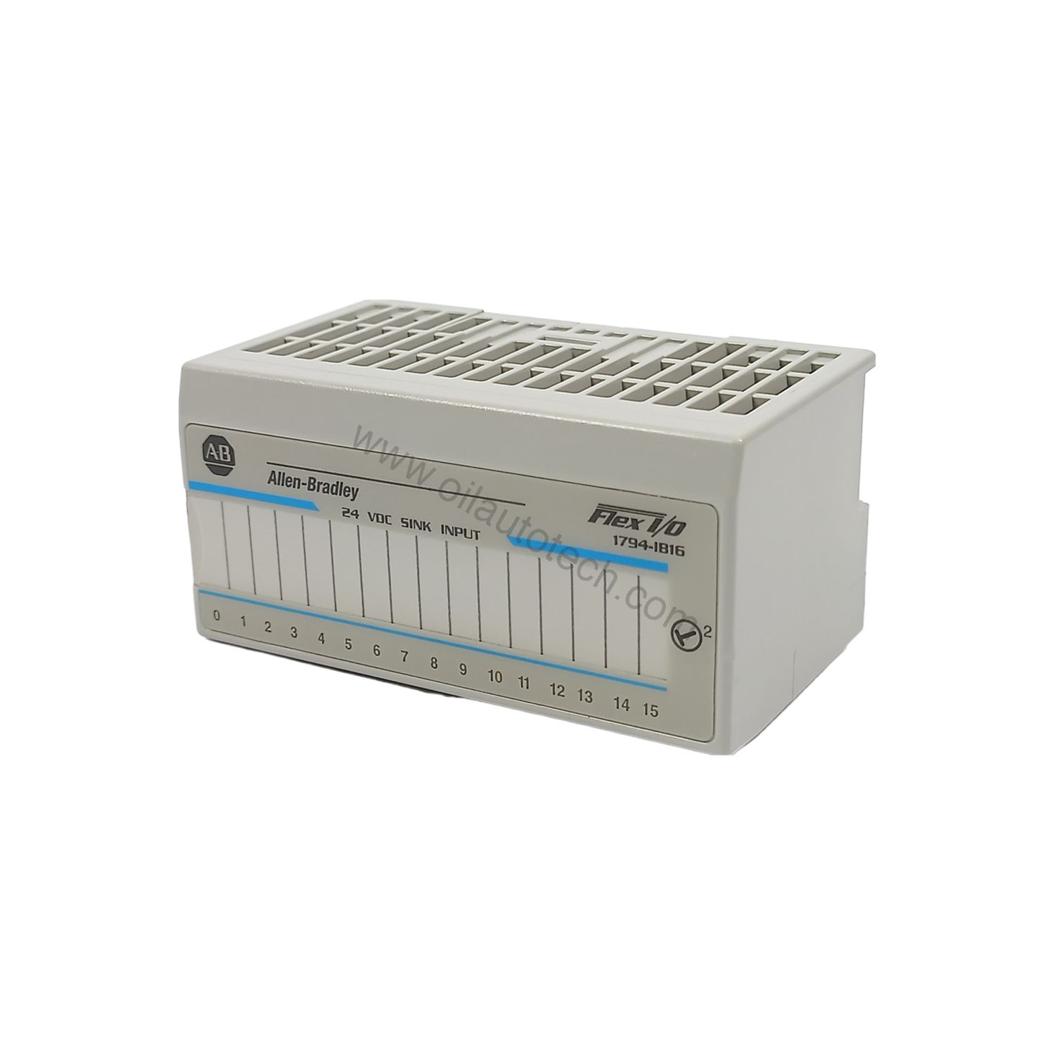 Figure 1: Front view of the Allen-Bradley 1794-IB16 industrial automation component showing its physical design and enclosure.