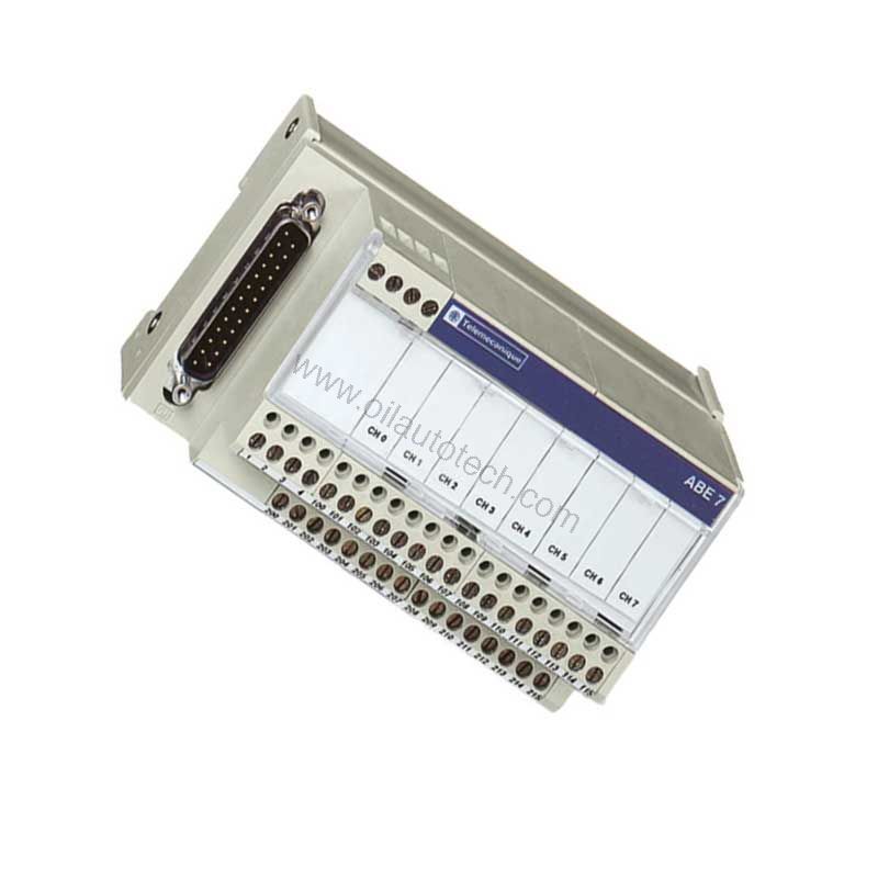 Figure 2: Technical layout and connection details for the Schneider ABE7CPA31E industrial automation component.
