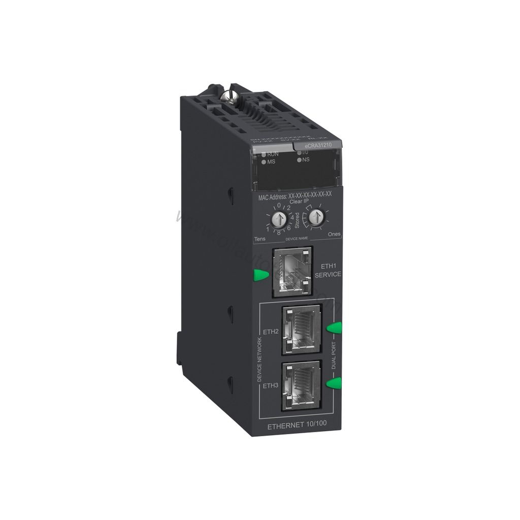 Figure 2: Technical layout and connection details for the Schneider BMECRA31210 industrial automation component.