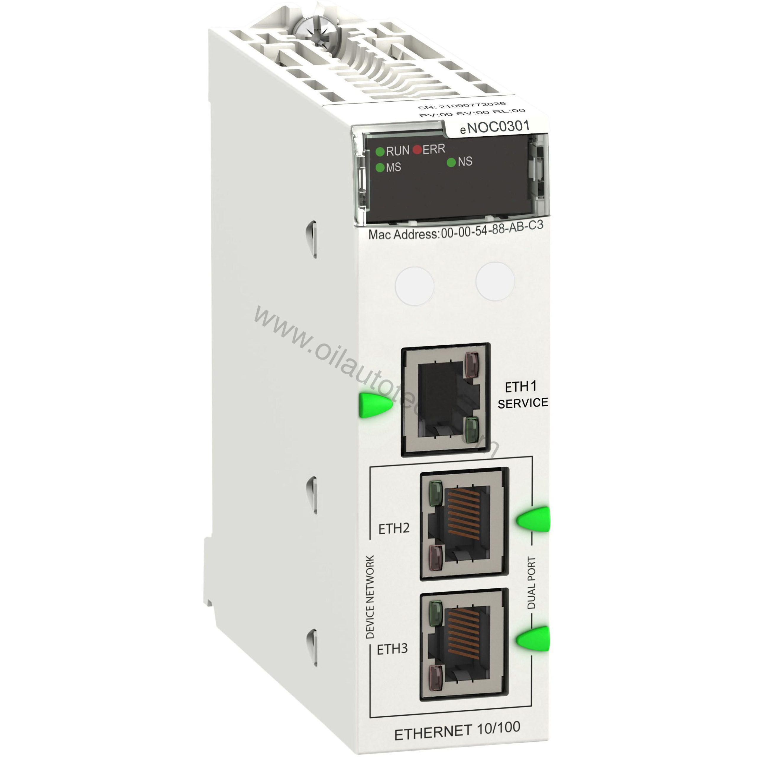 Figure 1: Front view of the Schneider BMENOC0301C industrial automation component showing its physical design and enclosure.