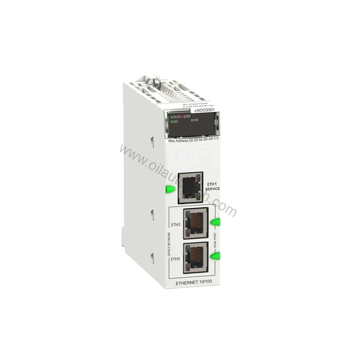 Figure 2: Technical layout and connection details for the Schneider BMENOC0301C industrial automation component.