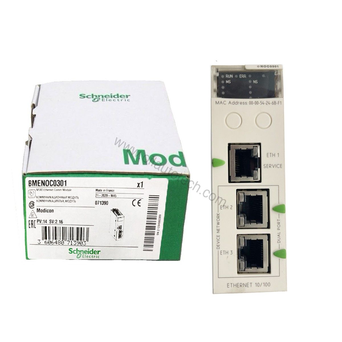 Figure 1: Front view of the Schneider BMENOC0301 industrial automation component showing its physical design and enclosure.