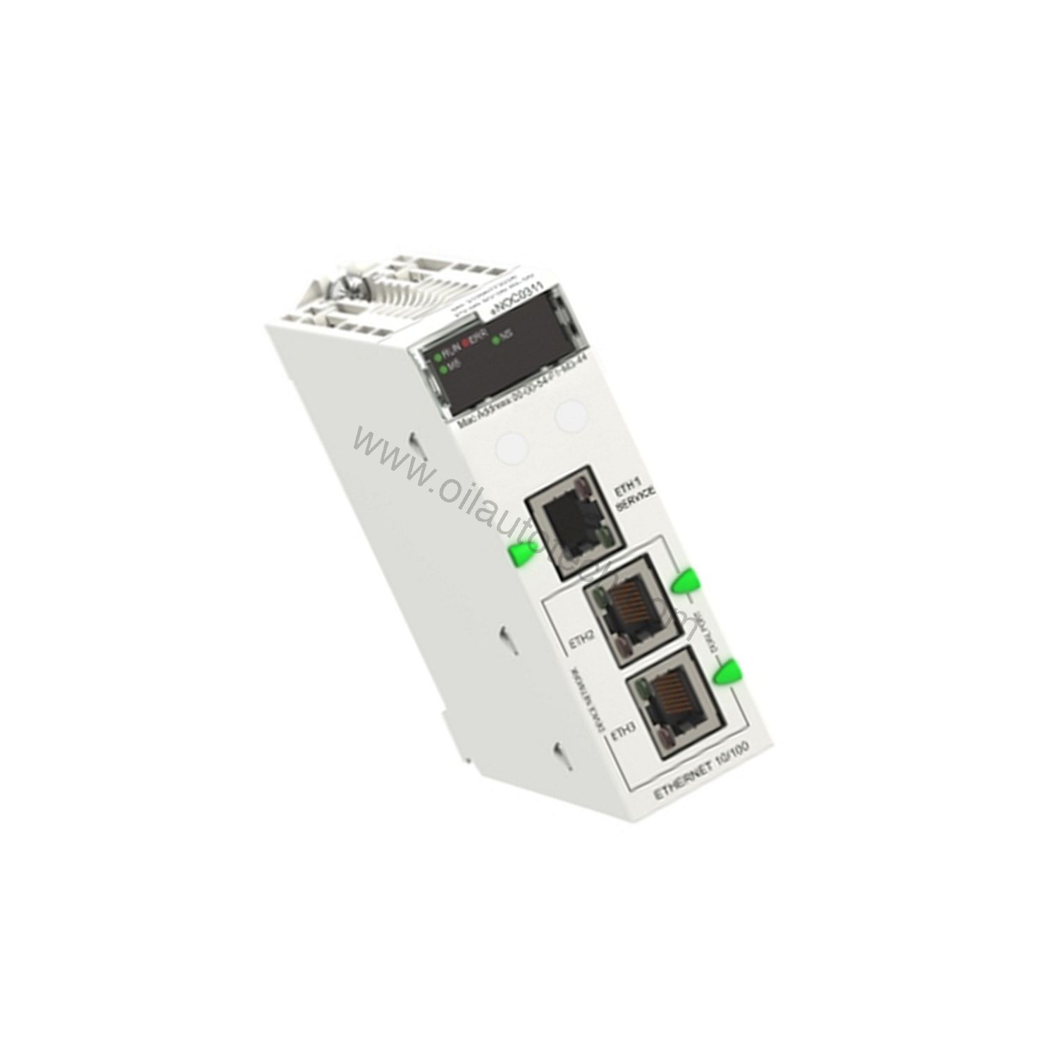 Figure 1: Front view of the Schneider BMENOC0311 industrial automation component showing its physical design and enclosure.