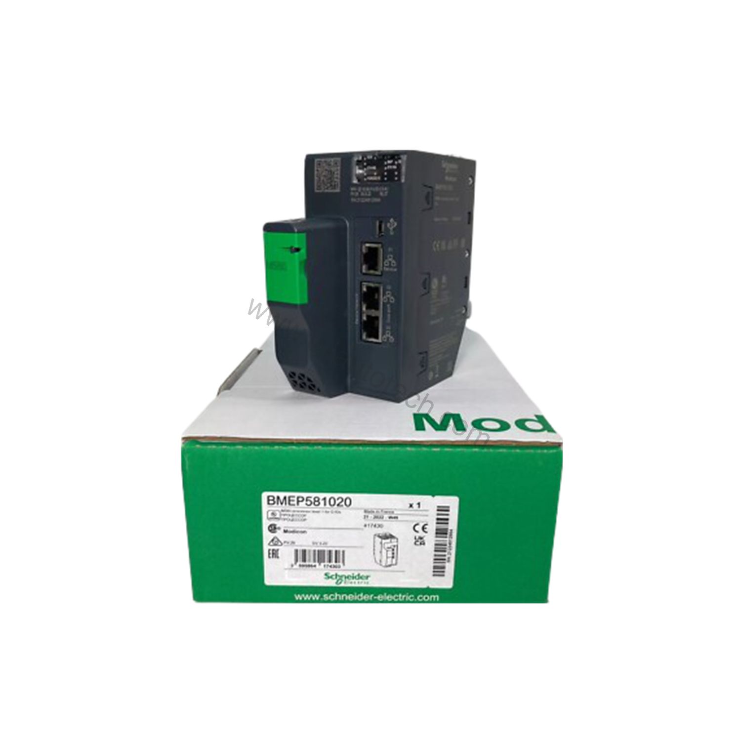 Figure 2: Technical layout and connection details for the Schneider BMEP581020 industrial automation component.