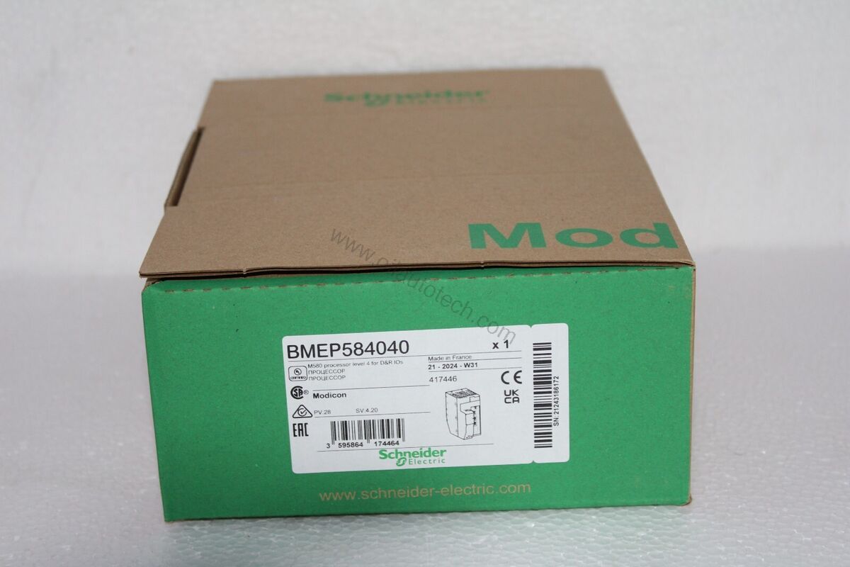 Figure 1: Front view of the Schneider BMEP584040 industrial automation component showing its physical design and enclosure.
