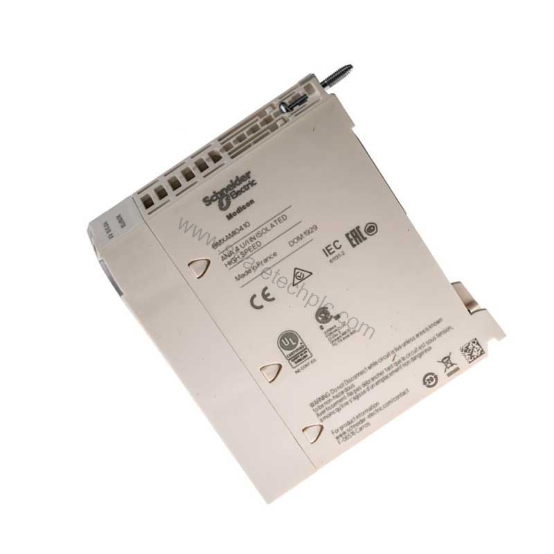 Figure 2: Technical layout and connection details for the Schneider BMXAMI0410 industrial automation component.
