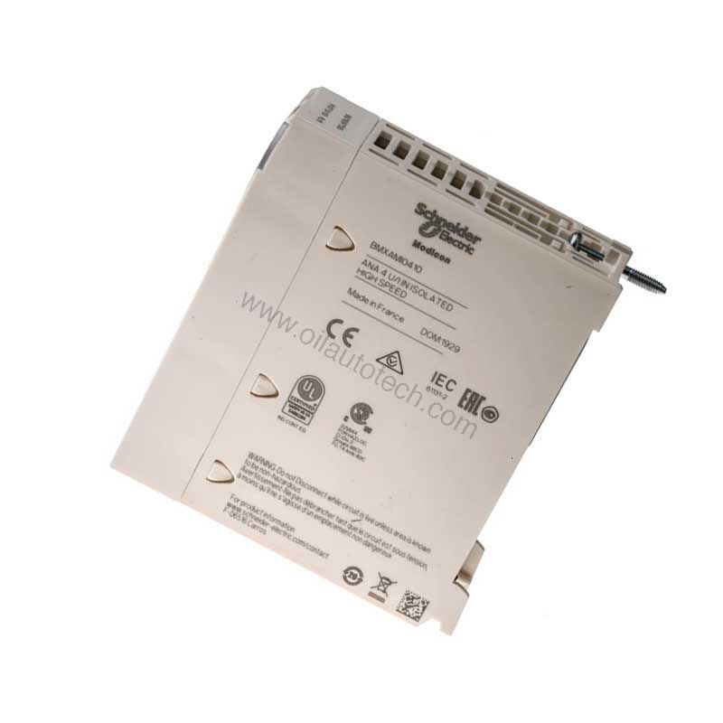 Figure 2: Technical layout and connection details for the Schneider BMXAMO0410 industrial automation component.